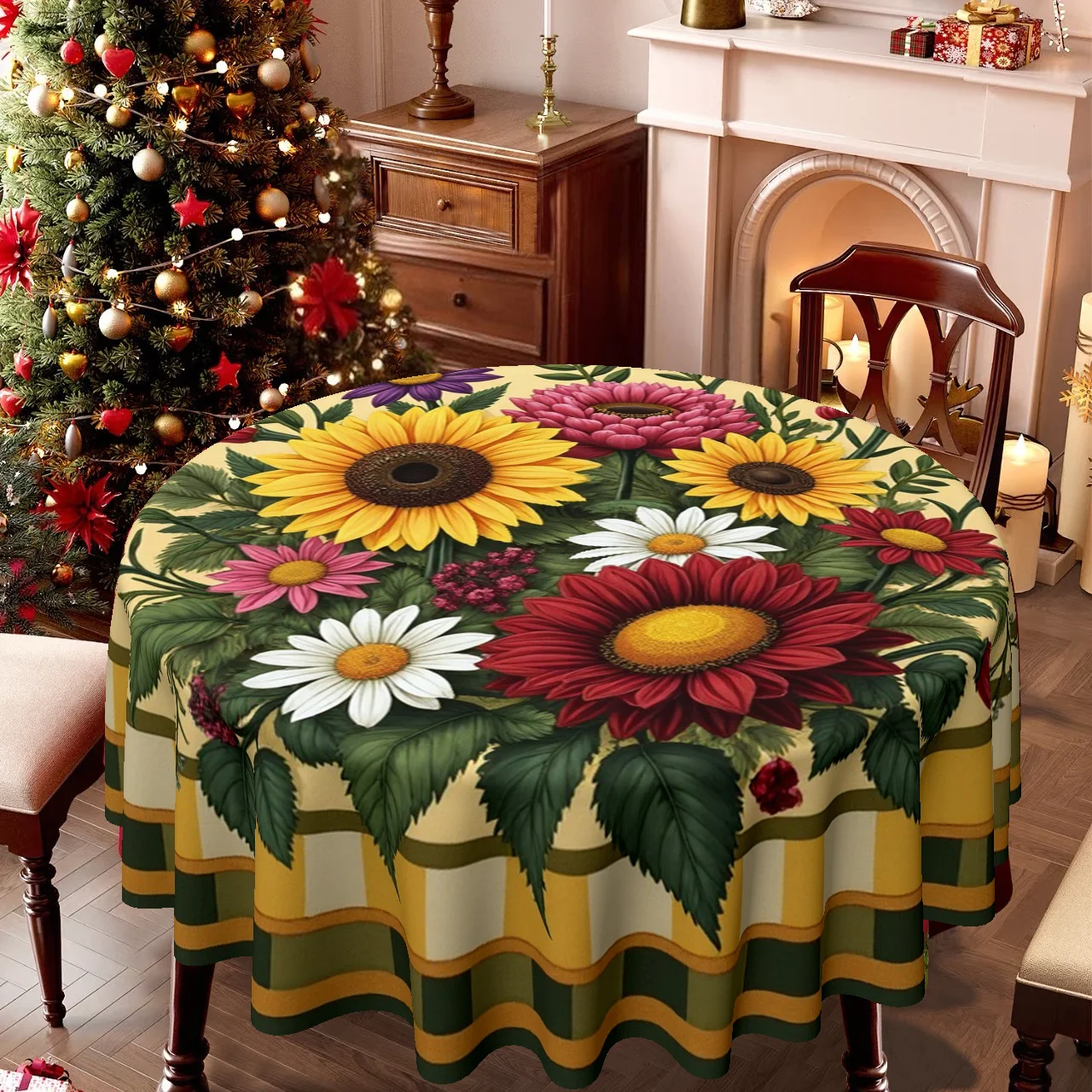 This round tablecloth, suitable for Christmas, Easter and floral themes, is a home decoration, catering