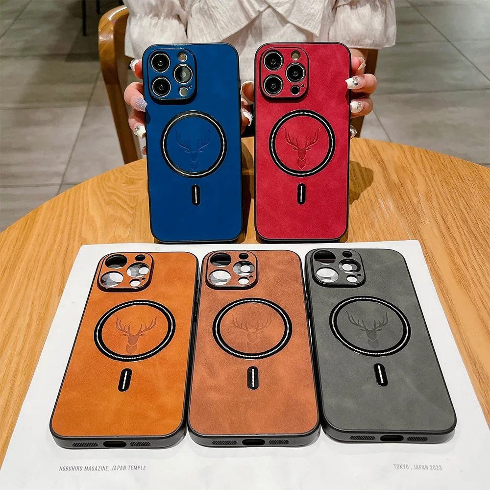 

Magnetic Leather Case for iPhone 16 15 14Pro Max Plus Cover Chagre for Magsafe 3D Deer All-round Camera Shell Fundas