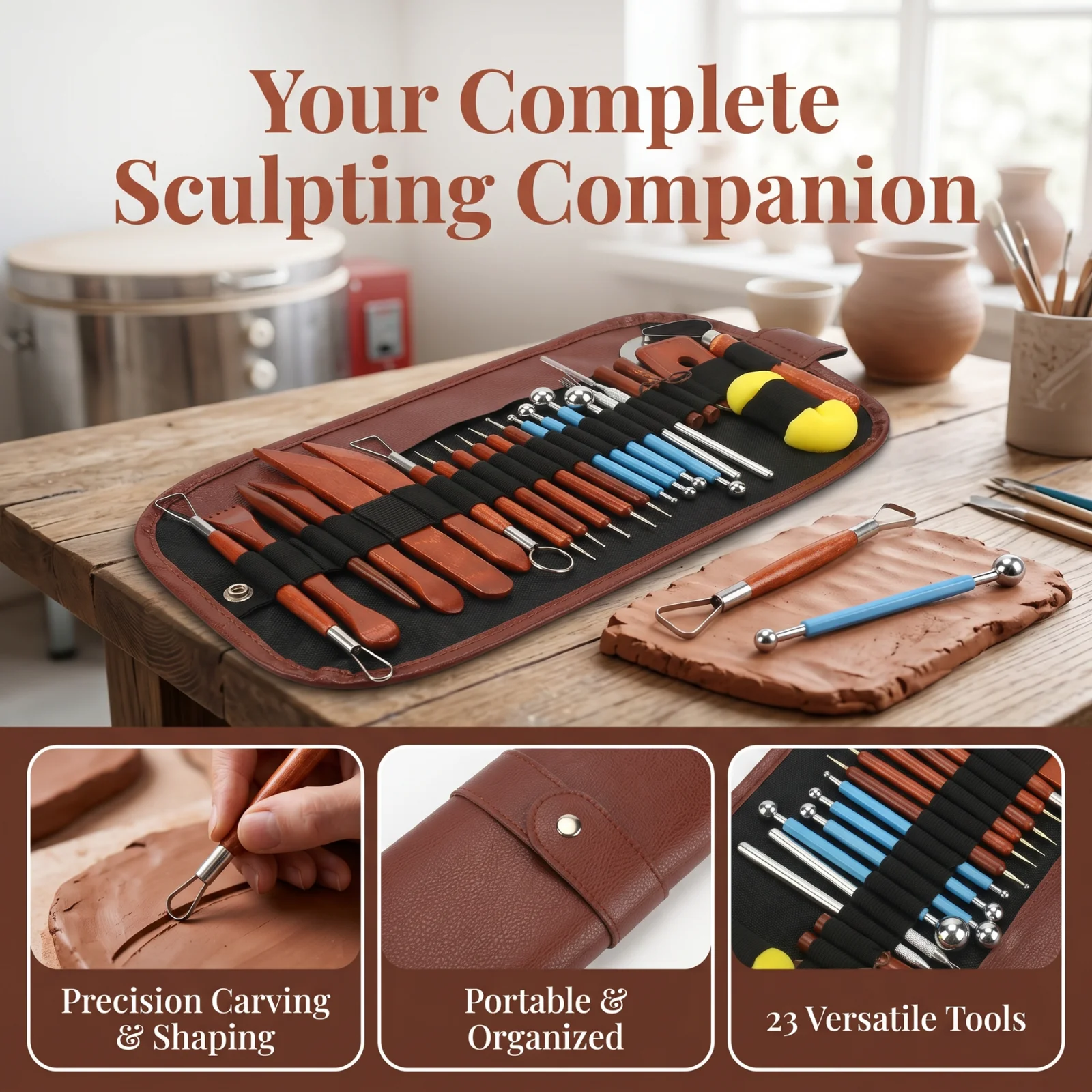 23Pcs Clay Tools Set with Foldable Storage Bag, Professional Ceramic & Pottery Carving Sculpting Kit for Modeling, Art Supplies