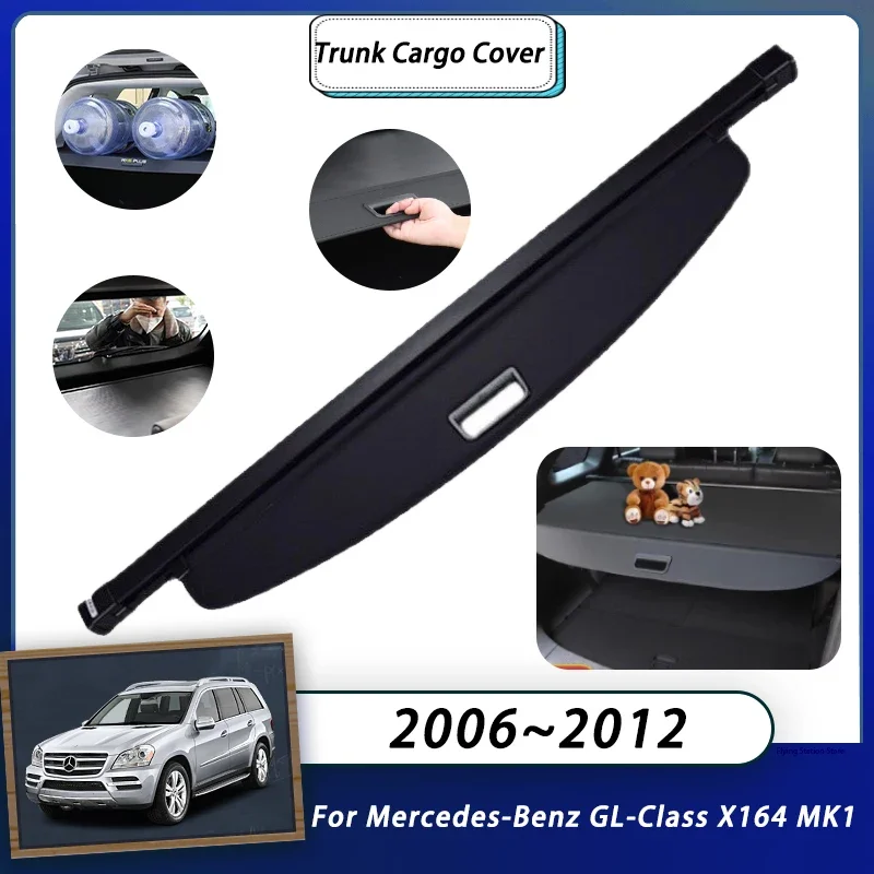 Rear Cargo Cover For Mercedes-Benz GL-Class X164 MK1 2006~2012 2008 2009 2010 Car Trunk Luggage Curtain Organizer Retractable