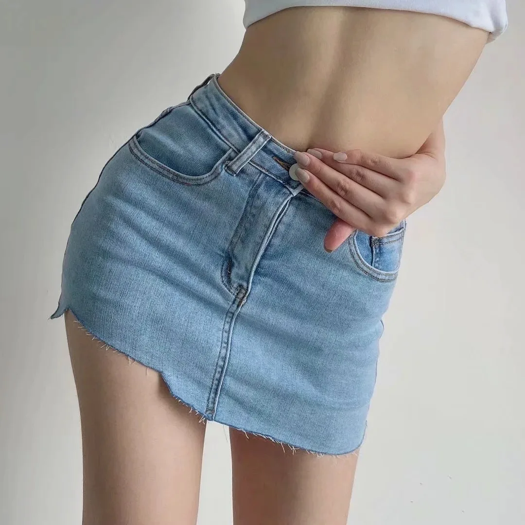 Mini jupe courte en denim pour femmes, sexy, slim, solide, taille haute, ronde, hanche, poches, basique, jean, ligne A, décontracté, été