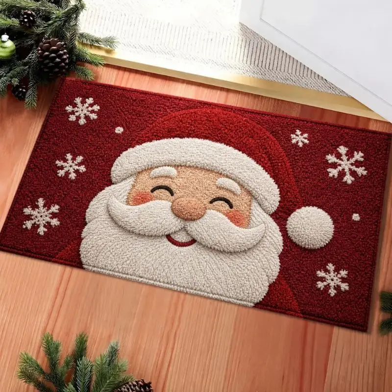 3D Embossed Christmas Doormat Xmas Tree Santa Snowflake Berry Leaf Print Non‑Slip Floor Mat for Entryway Holiday Home Decor