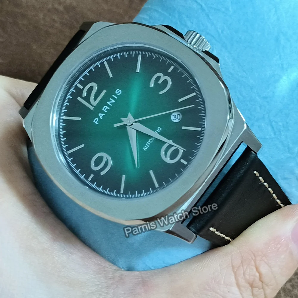 Parnis 42mm Cristal de Safira Miyota8215 Automático Preto Verde Mostrador Masculino Relógio Mecânico
