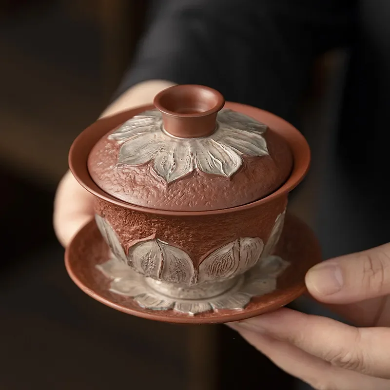 Purple Sand Kung Fu Tea Set Embossed Silver Light Luxury Teapot Household Gift High End Ceramic Ware For Traditional Chinese