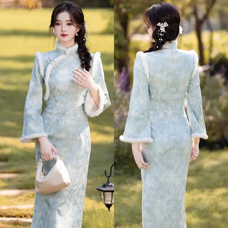 

Elegant Printed Long Qipao Chinese Dress Retro Traditional Oriental Clothing Cheongsam Winter Thicken Blue Dresses Vestidos Gown