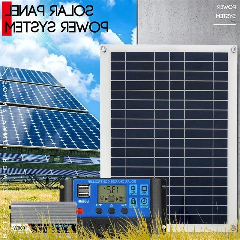 12V/24V Solar Panel System 18V 50W Solar Panel Battery Charge Controller 800W/1000W Solar Inverter Kit Complete Power Generation