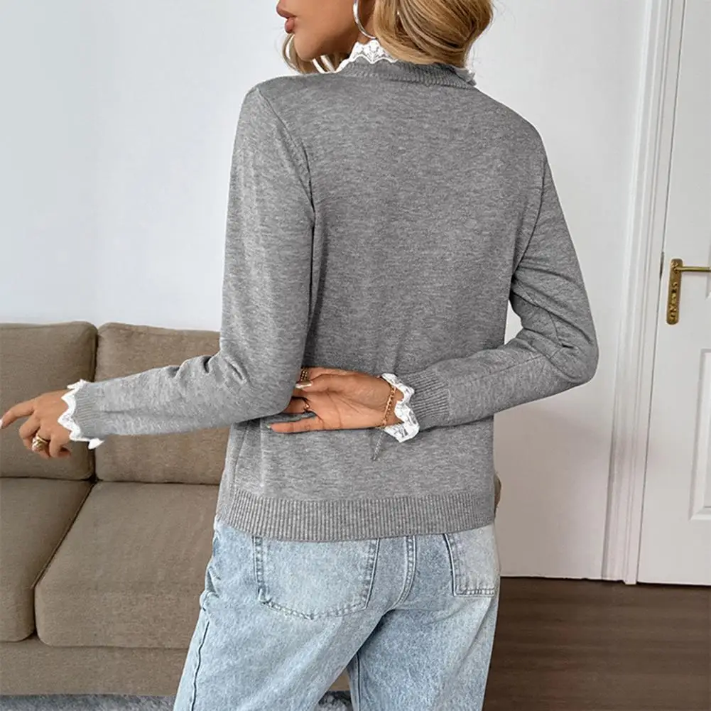Comfortable Sweater Women’s Round Neck Sweater with Buttons Lace Trim Knitting Jumper Long Sleeve Solid Color Top for Everyday