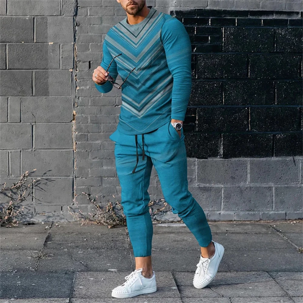 Man Jogging Suit 3D Printed Patchwork Long Sleeve T-Shirt Trousers 2 Pice Set Streetwear Casual Tracksuit Male Oversized Tops