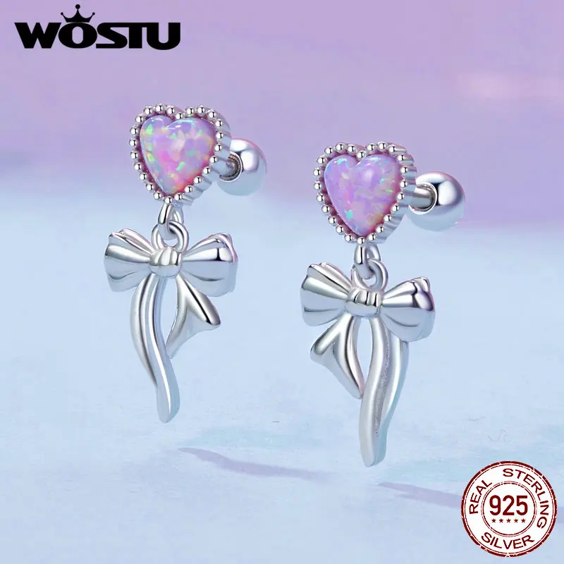 WOSTU Real 925 Sterling Silver Rose White Opal Stud Earrings For Women Heart Bowknot Devil Studs Earring Girl Party Jewelry Gift