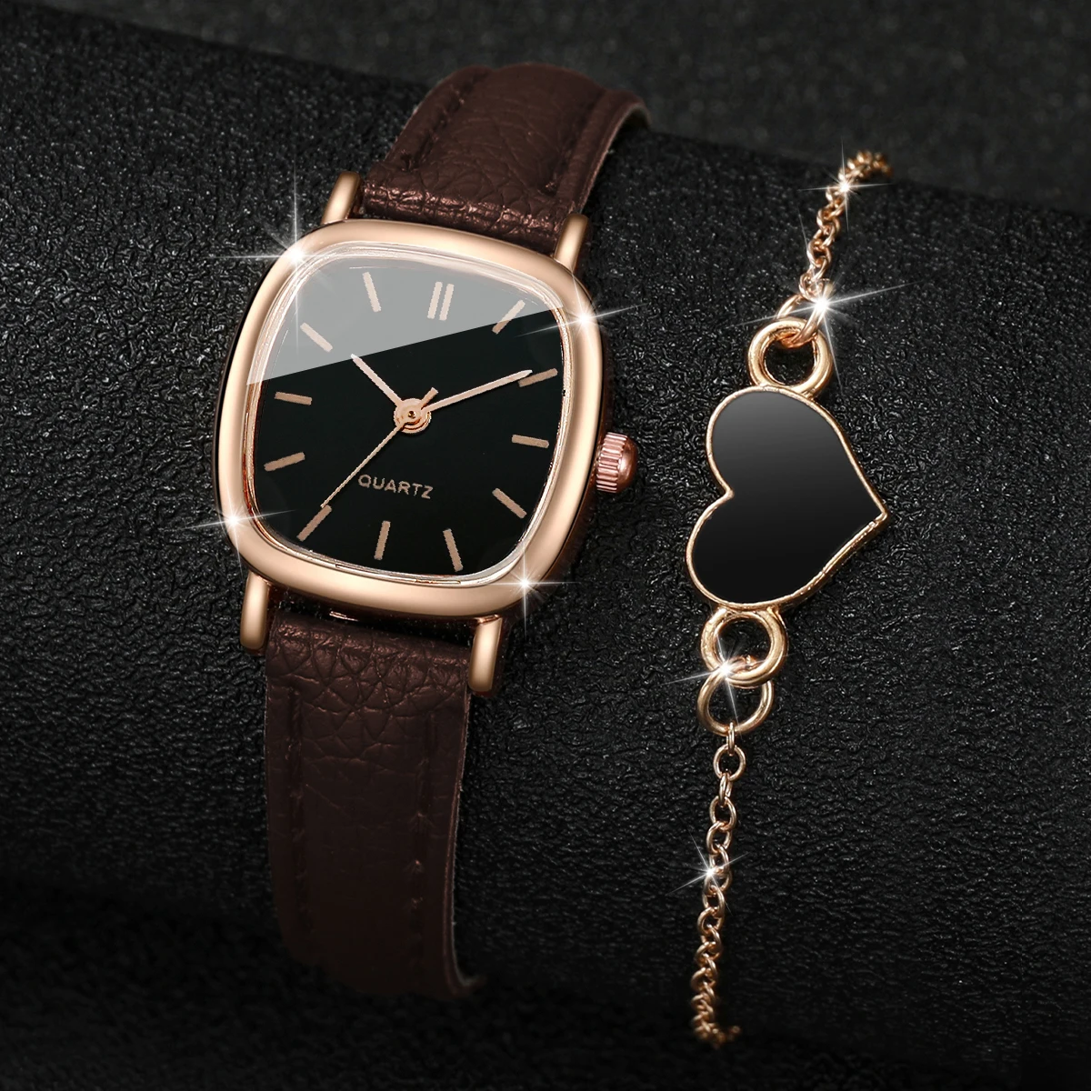 2pcs/set Fashion Women Leather Strap Square Case Quartz Watch & Heart Bracelet