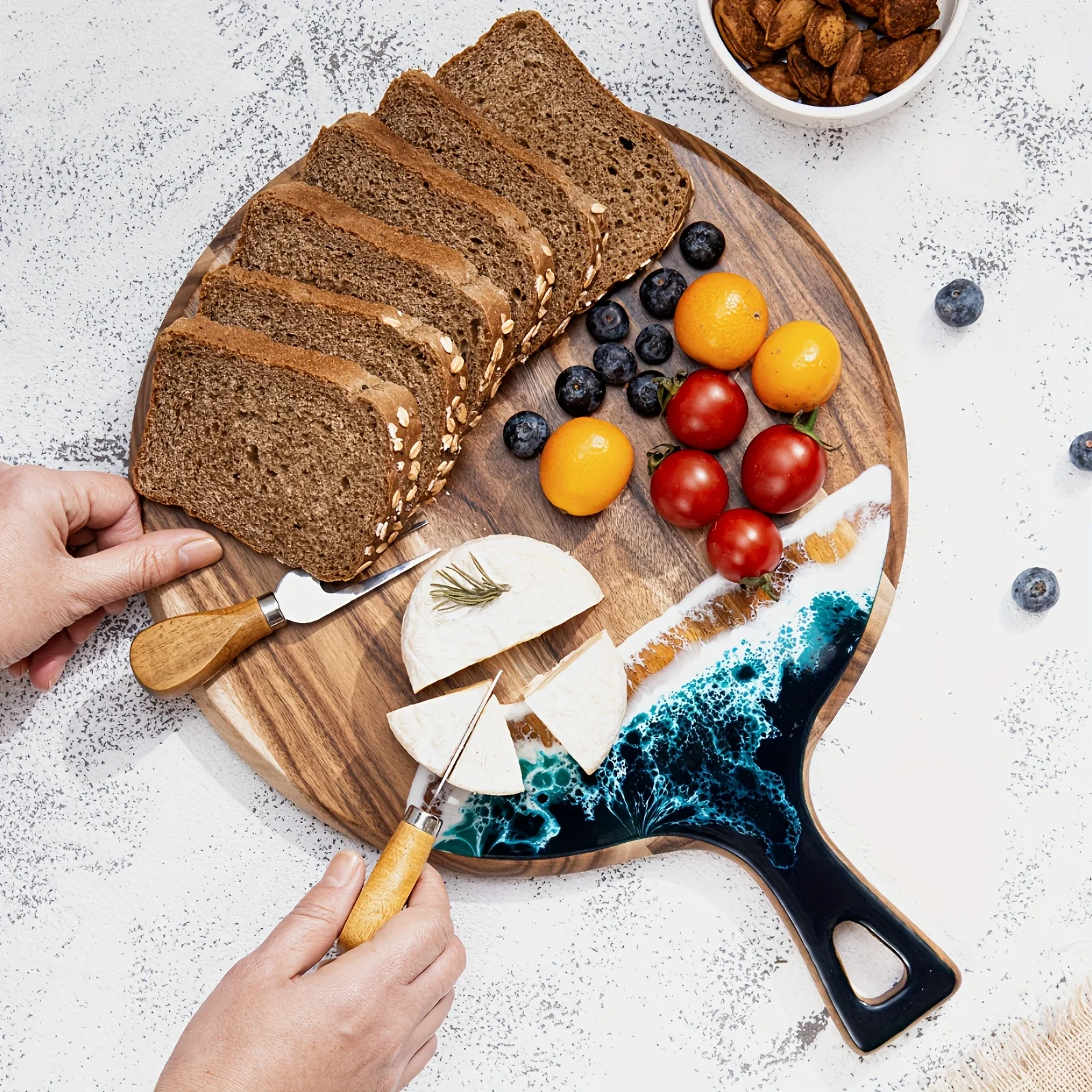 

1pc Large Round Acacia Wood & Resin Charcuterie Board with Handle - Natural Wood Grain Surface, Non-Porous Durable Cutting Board