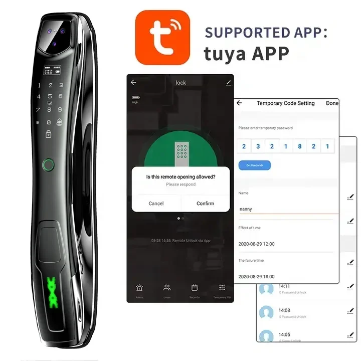 Serrure de porte numérique intelligente, application Tuya Ttlock, sonnette WiFi, caméra, empreinte digitale qualifiée ale, déverrouillage de carte de mot de passe, électrique