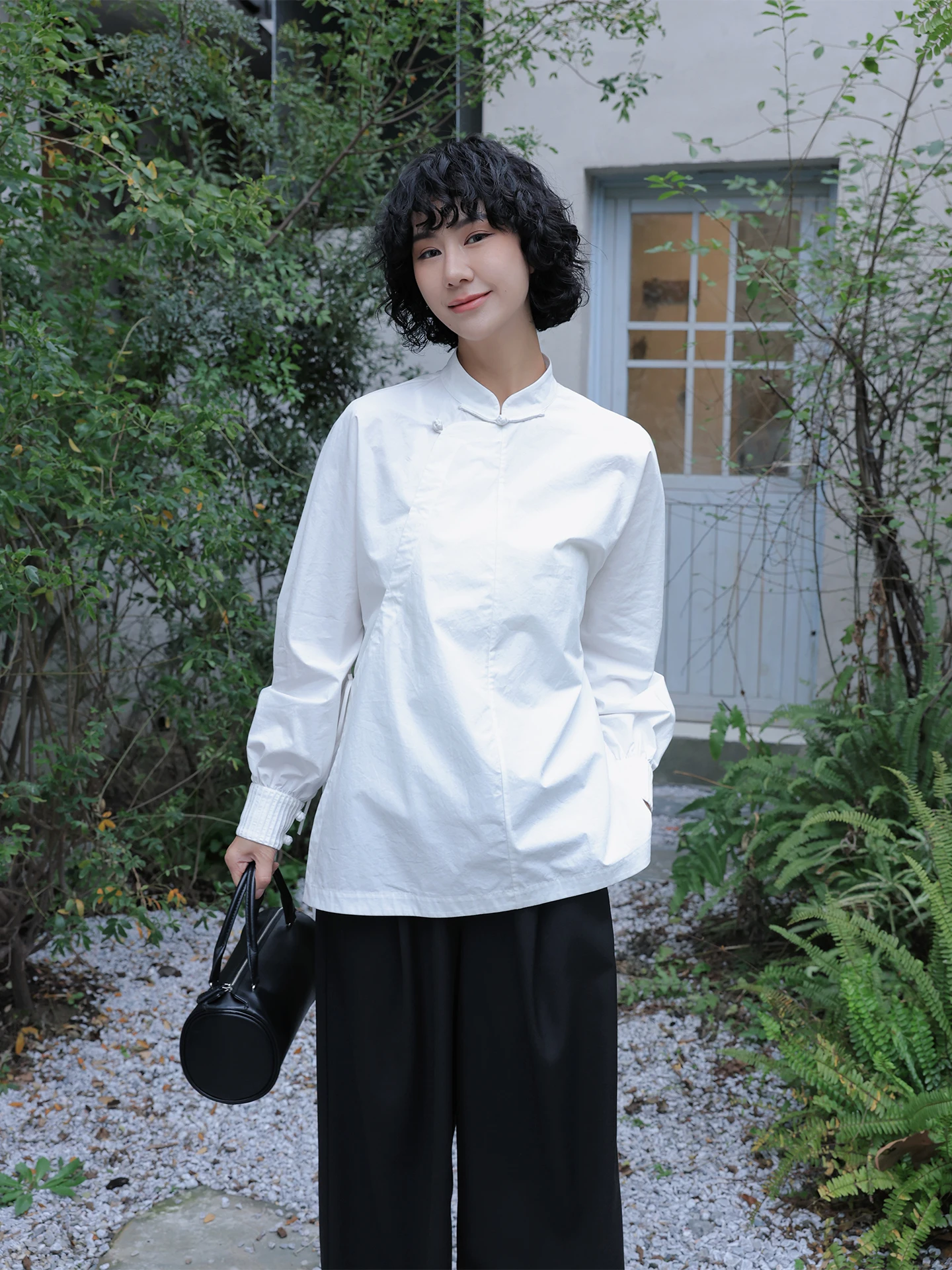 

Ele White Cotton Chinese Sle irt Women's Spring New Design TT Simple Sle Loose Fit Long Sve Top