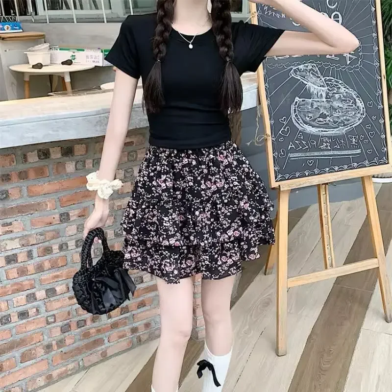 2025 Korean Style Floral Short Skirts Women Elastic Waist Loose A-line Fashion Office Lady Chiffon Skirt Female