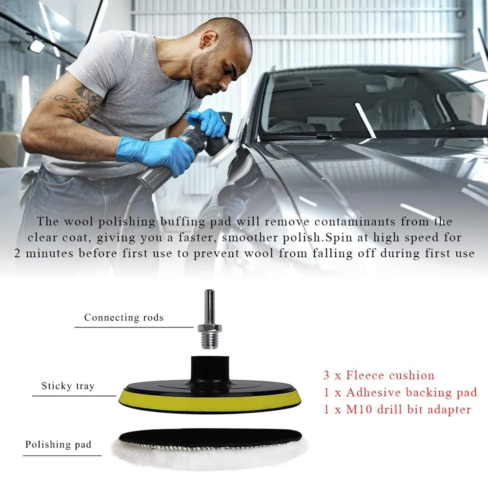 5 inchWool Polishing Buffing Pad Polisher Buffing Wheel Wool Pads with M10 Drill Rod Adapter Hook Loop Back Auto Wool Polishing