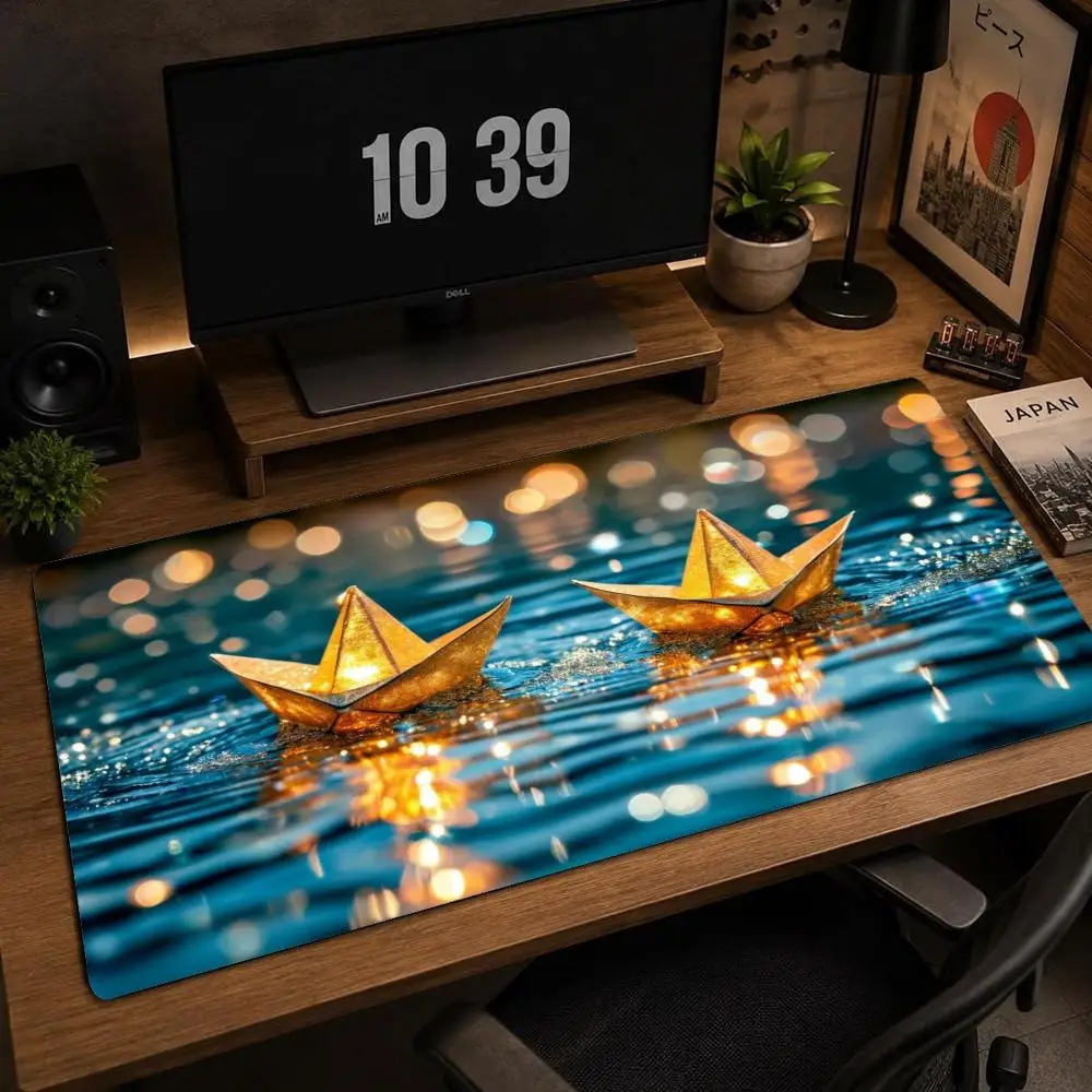 XXL Glowing Paper Boat Mousepad Water Ripple Bokeh Deskmat Non-Slip Rubber Gaming Pc Keyboard Desk Mats Gamer Mouse Mats