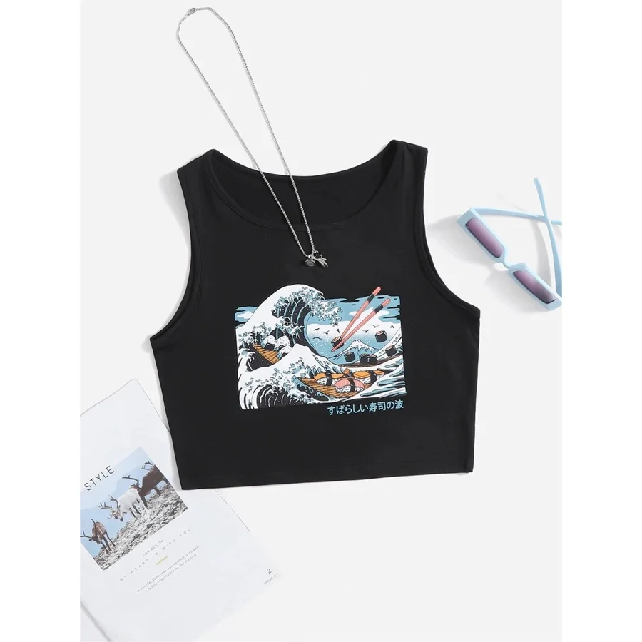 Printcess Women's Y2K Cool Sleeveless Round Neck Tank Top Wave Printed Vest Print Short Vest Tee Cool Street Fashion Women Cloth