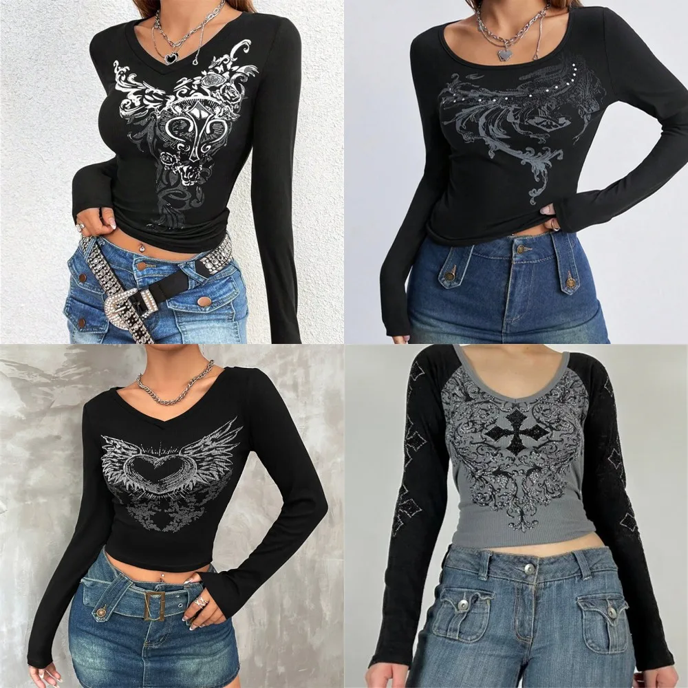 Grunge Y2k Aesthetic Retro Ribbed T-shirts Cyber Mall Goth Print Long Sleeve Crop Tops Women Dark Academia Bodycon Tee Fall