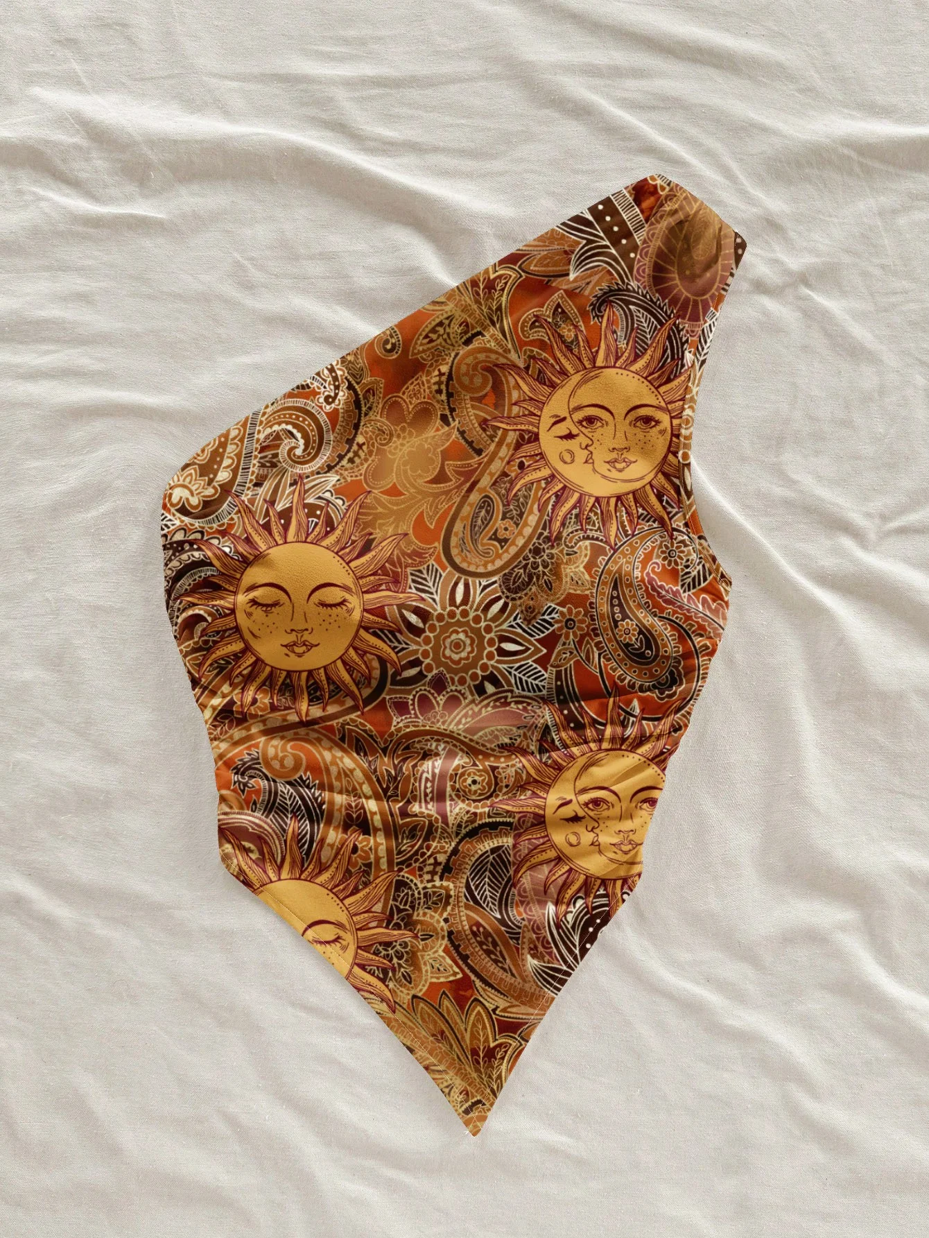 여성용 여름 레트로 보헤미안 골드 태양신 페이즐리 패턴 비대칭 싱글 숄더 탑, 휴가 스타일, 여름에 적합