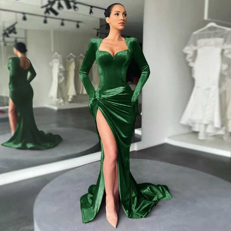 Women Sexy Dress Slim Fit Evening Floor Length Dresses V Neck Full Sleeve Slit Party Elegant Solid Gown Vestidos Autumn Winter