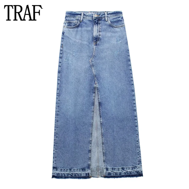 TRAF Denim Long Skirts for Women Blue High Waist Skirts Woman Fashion 2023 Faded Slit Maxi Skirt Women Spring Button Skirt Woman