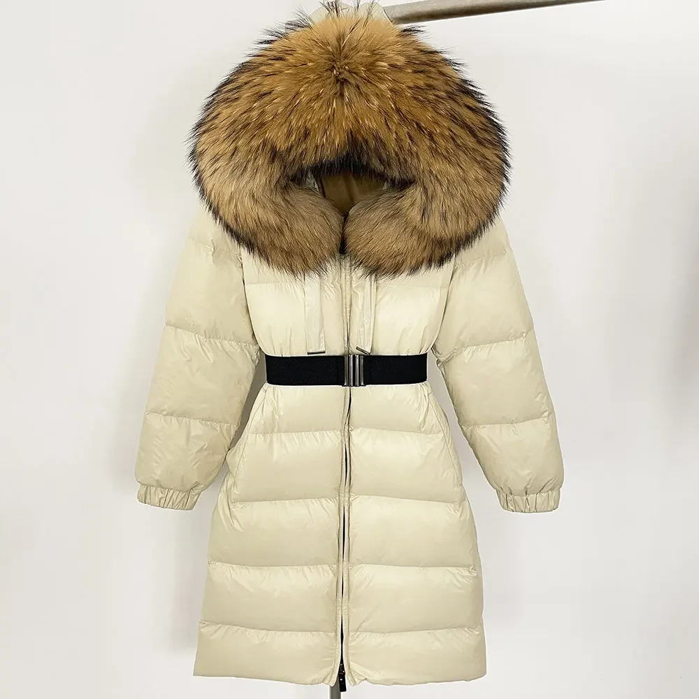 Nuevo invierno 2024 cálido 90 plumón de pato blanco mujer con capucha larga chaqueta acolchada de piel de zorro Natural abrigo de piel auténtica para mujer fría