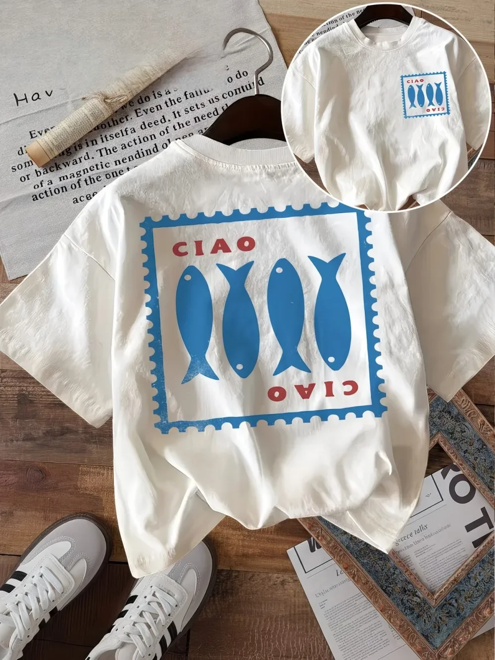 Camiseta con gráfico de pescado italiano Ciao para mujer, camiseta para vacaciones de verano en el Mediterráneo, camiseta Retro estética Harajuku, ropa de calle, Top de moda