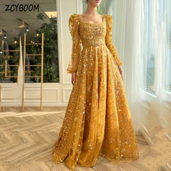 Customized Party Dress Yellow Sequin Long Sleeves Evening Dress 2024 A-Line Floor Length Sweep Train Open Back Zipper Prom Dress