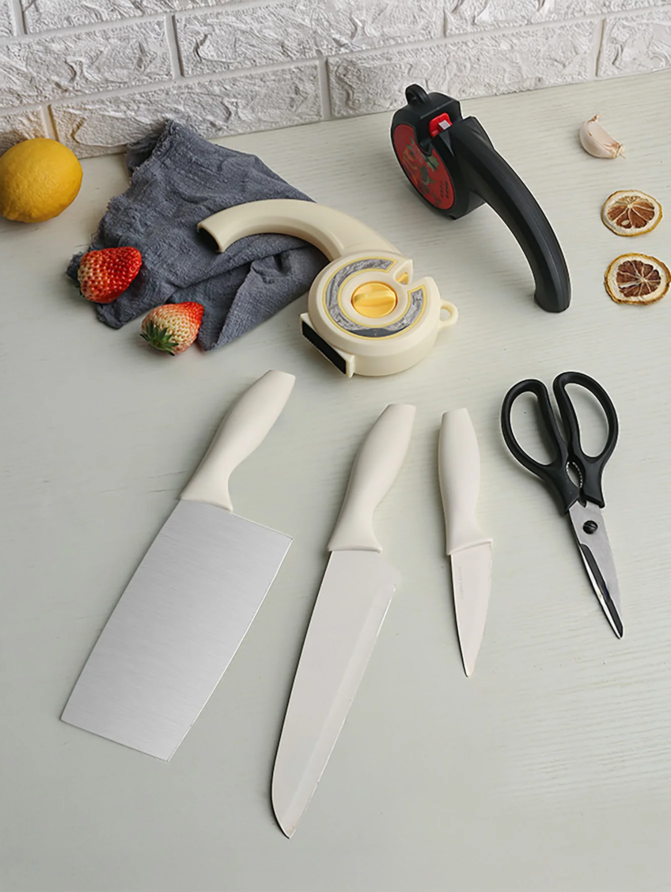6-in-1 Knife Sharpener with Rotary Knob, Multi-Use Sharpener for Kitchen Knives, Scissors & Bread Knives, Professional Manual Bl