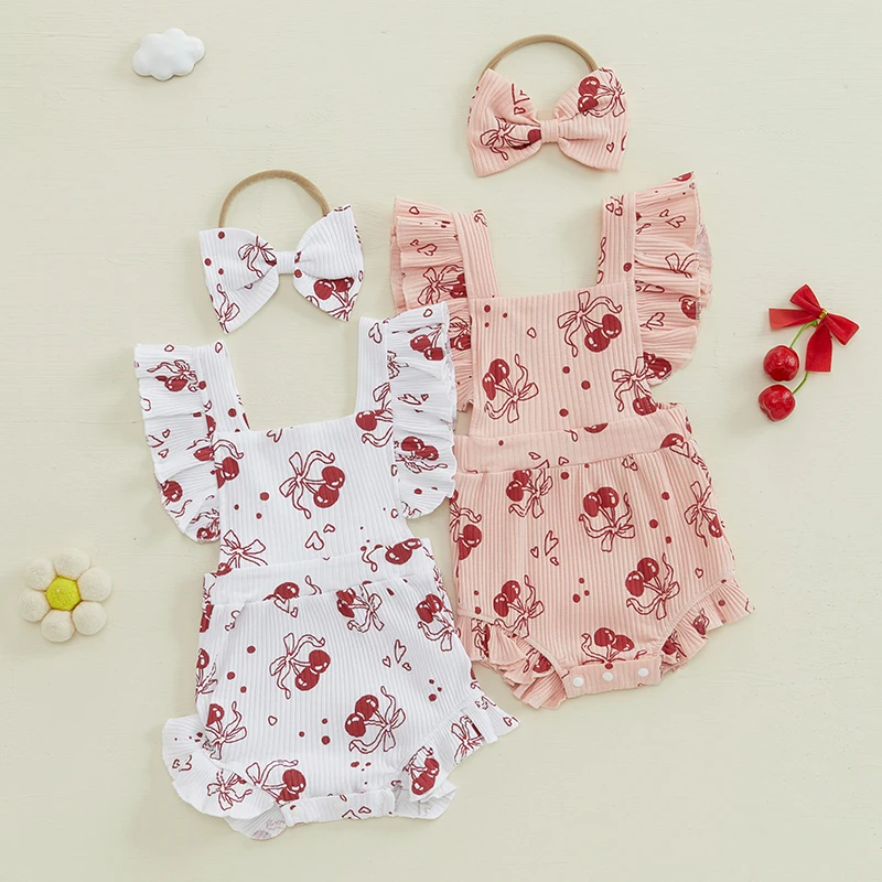 

0-18M Newborn Baby Girl Summer Rompers Cherry Pattern Ruffled Flying Sleeve Bodysuits with Bow Headband Cute Infant Jumpsuits