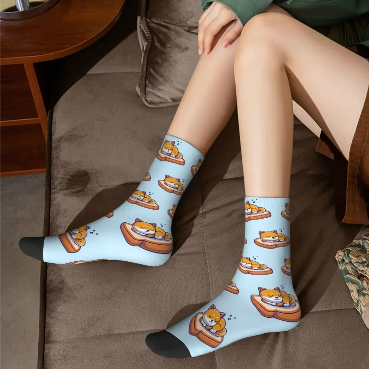 Cute Shiba Inu Dog Sleeping With Bread Socks Harajuku Sweat Absorbing Stockings All Season Long Socks Accessories for Unisex