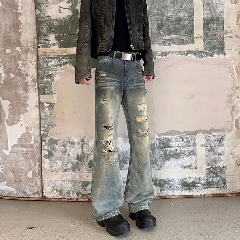 

Мужские джинсы в стиле ретро, свободного кроя, с эффектом потертости, прямые, с легким расклешением, дизайн «бедняги»