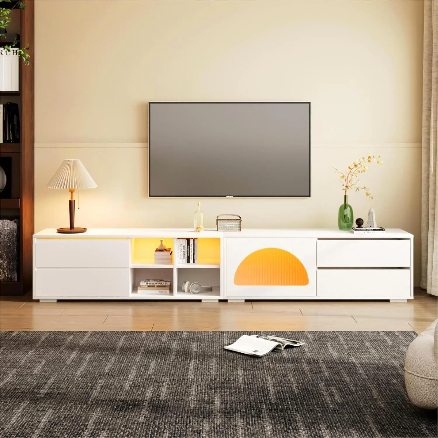 Modern TV Stand with Fluted Glass Sliding Doors & 2 Drawers, LED Light Media Console for 100