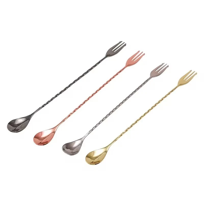Cocktail Spoon Bar Spoon Stainless Steel Mixing Spiral Pattern Bar Tool Bartender Tools Spoon With Fork