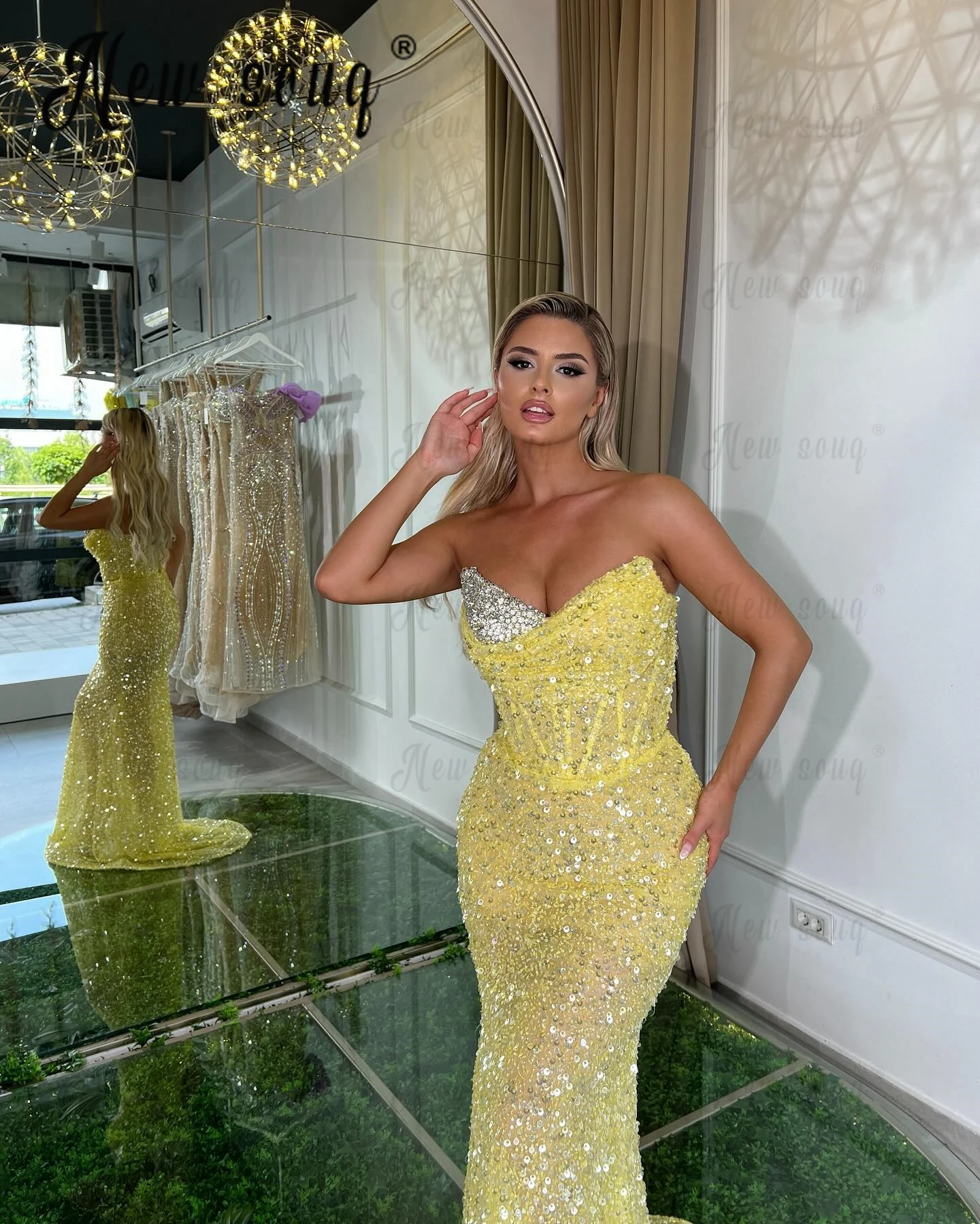 Gold Yellow Long Evening Dresses Strapless Sleeveless Sequins Luxury Dresses Women 2024 For Wedding Party Dubai 2024 Custom