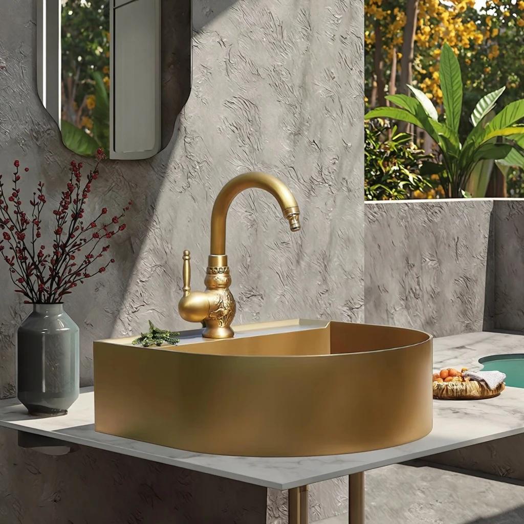 Modern round stainless steel vanity sink kit with pop-up drain for outdoor bathroom use