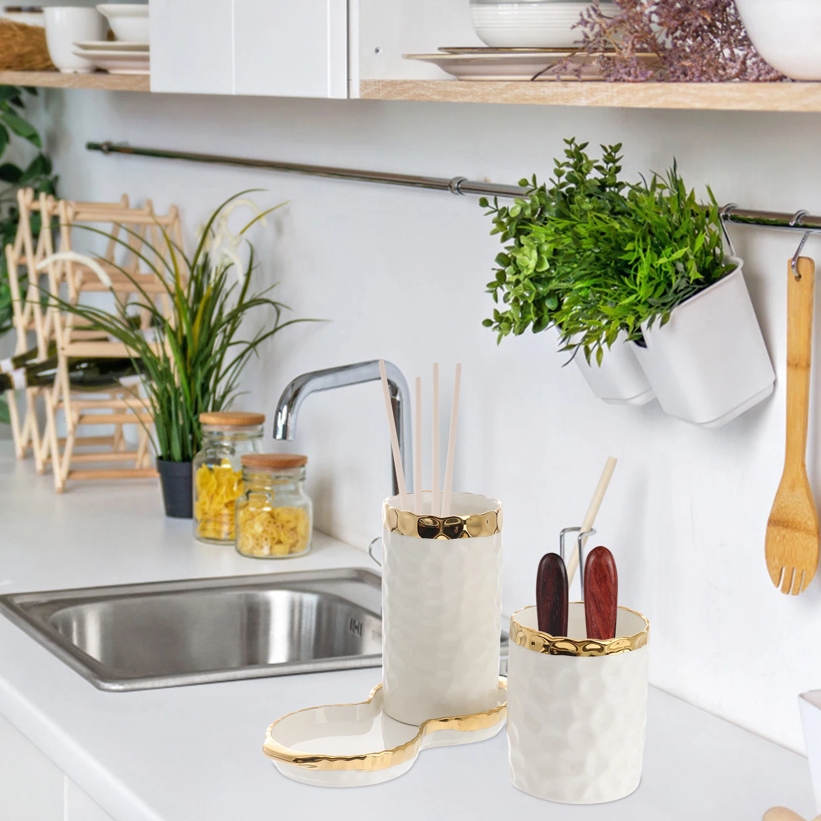 

1Set Ceramic Chopstick Holder Kitchen Organizer Scratch Resistant Drain Hole Design Multipurpose Utensil Container