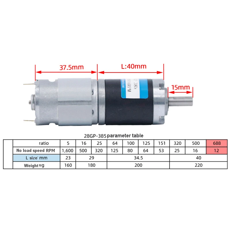 Planetary Gear 28GP-385 DC12V 24V Gear Motor High Torque Speed Adjustable Can CW CCW Motor Speed Control Low Noise Compact