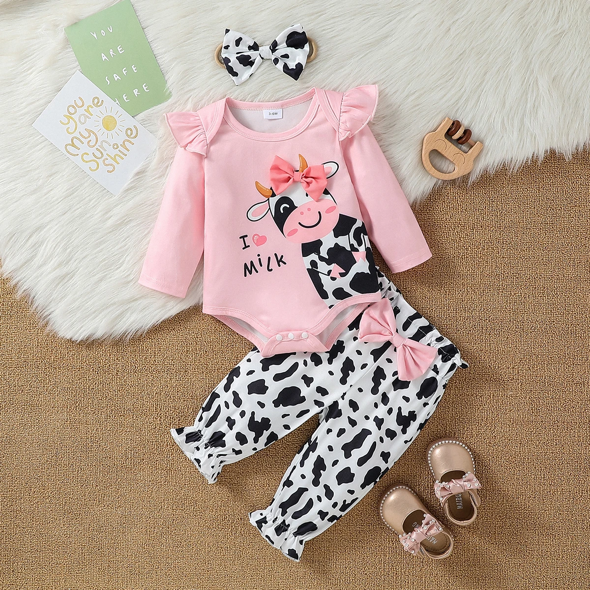 3Pcs Outfits Infant Newborn Baby Girl Cute Cartoon Spring Autumn Clothes Sets Ruffles Long Sleeve Bodysuits + Pants + Headband