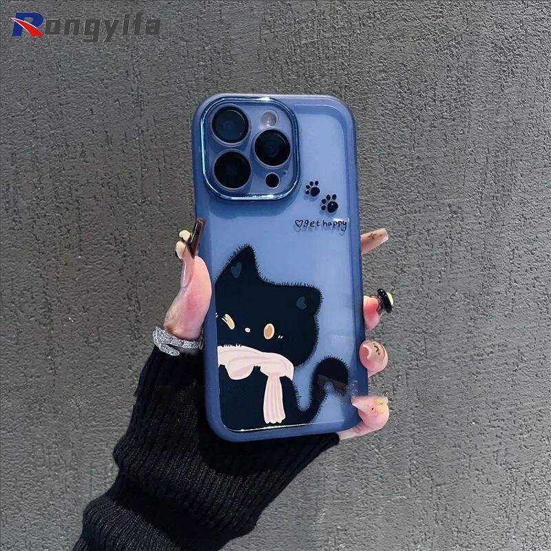Black Cat With Lens Glass Clear Cover For Samsung Galaxy M15 F15 M14 F14 M13 M12 M11 M10S M05 M04 F02S M02S Note 20 Ultra