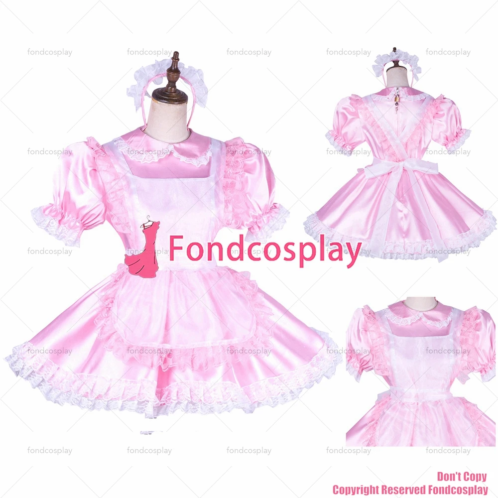 

fondcosplay adult sexy cross dressing sissy maid short lockable baby pink satin organza dress Uniform apron CD/TV[G1765]