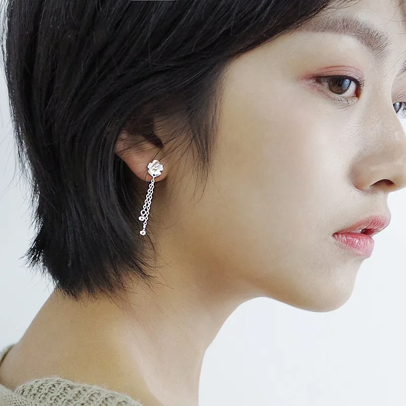 S925 sterling silver stud earrings flower fringed earrings women's simple versatile silver stud earrings cherry blossom earrings