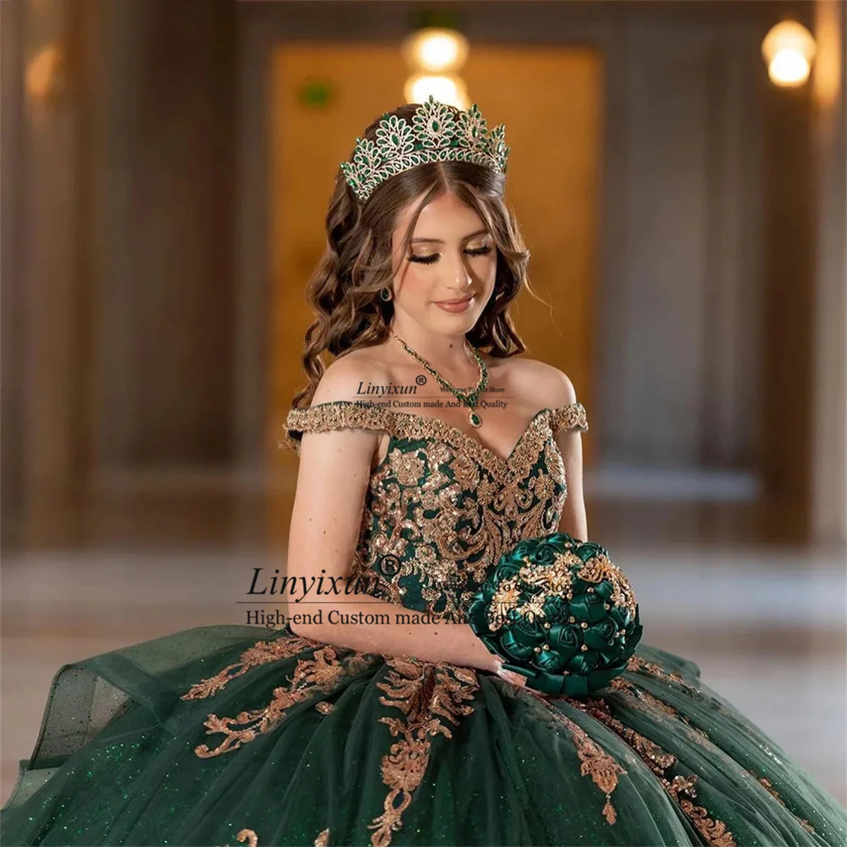 Abito da ballo principessa verde di lusso abiti Quinceanera perline Appliques di pizzo cristalli perline abito da sposa promgarty dolce 16 vestito