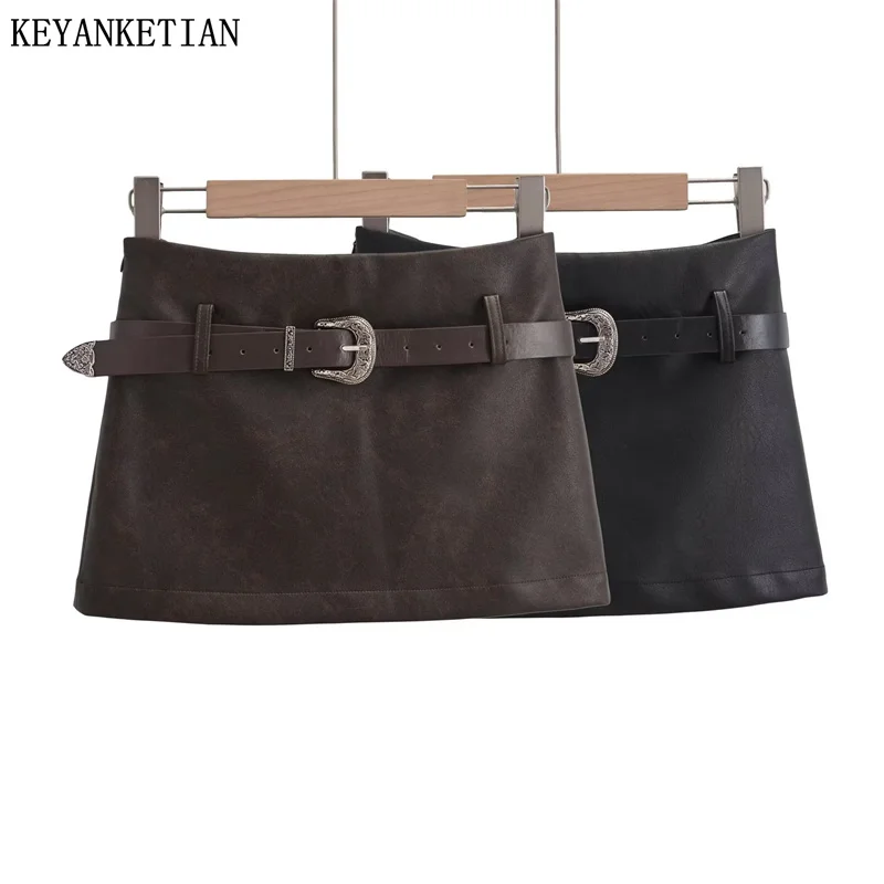 KEYANKETIAN New Launch Women\'s Faux Leather Skort Fashion Sexy Grunge With Belt Side Zipper Solid Sheath Mini Skirt Female