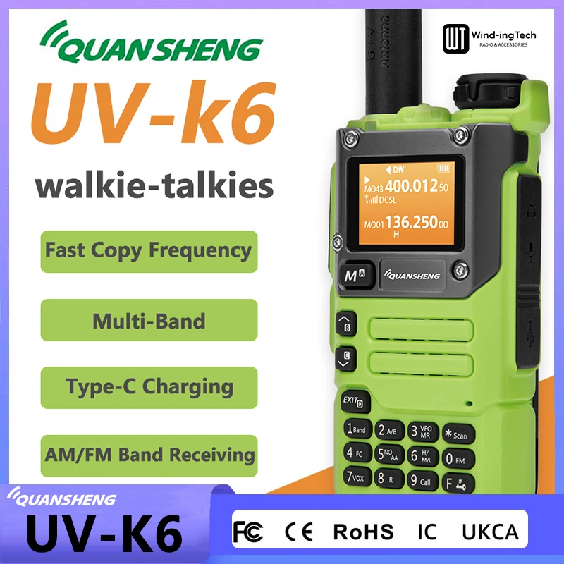 Quansheng UV-K6 Walkie Talkie 5W Green 50-600MHz Full Band Receiving Air Band Type-C  Scrambler NOAA Wireless Frequency CB Radio