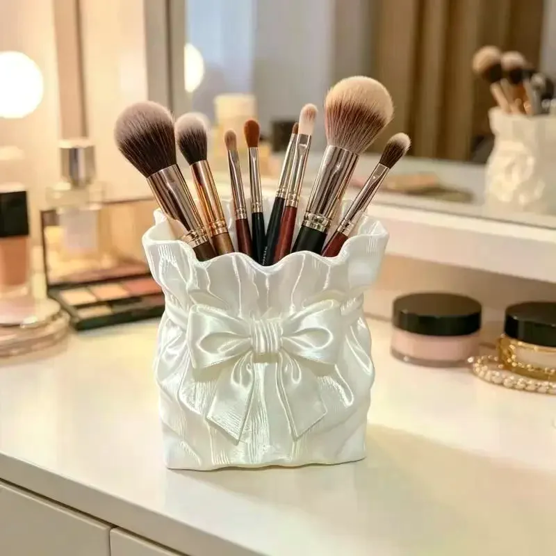 3D Printed Bow-Shaped Brush Holder Cosmetic Storage Cup Desk Organizer Portable Beauty Tool Container For Vanity Table