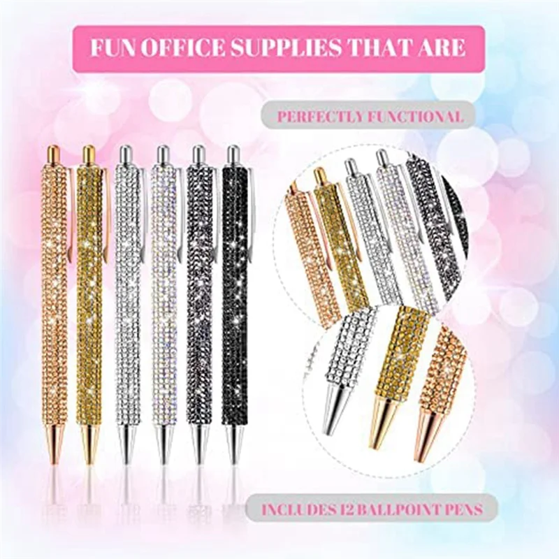 12 PCS Bling Pen Bulk Metal Ballpoint Pen Diamond Pen Crystal Press Retractable Black Ink 0.7Mm Ballpoint Pen 6 Colors