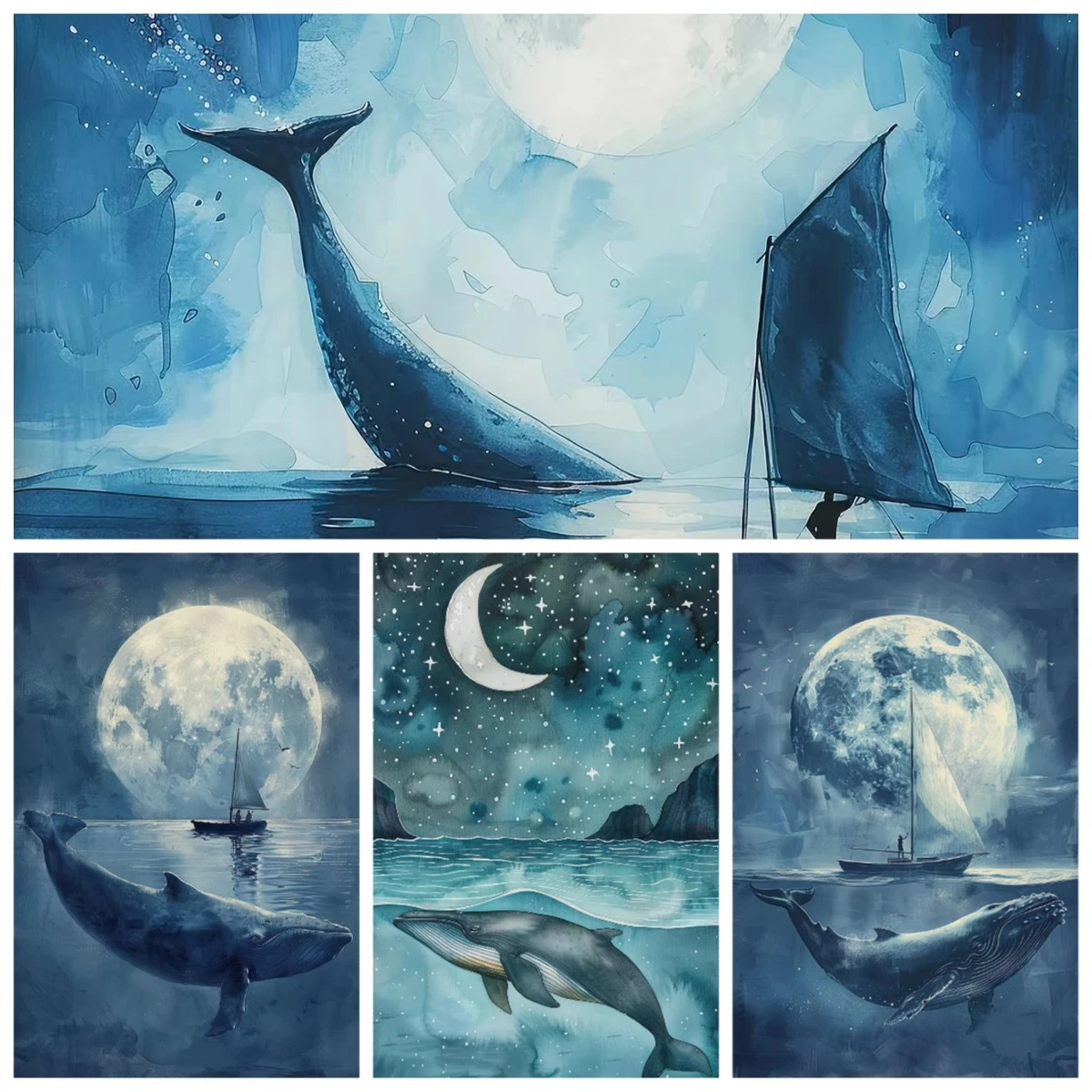 Moonlit Ocean Whale Sailboat Watercolor Art Paper Jigsaw Puzzle Calm Sea Landscape Creative Hobby Gift For Puzzle Enthusiasts