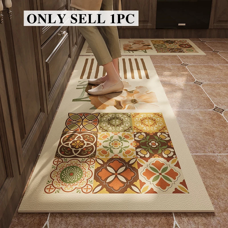 Kitchen Carpet PVC Leather Waterproof Floor Mat Long Non-slip Oil-proof Foot Mats American Retro Style Rug Home Decoration Rugs