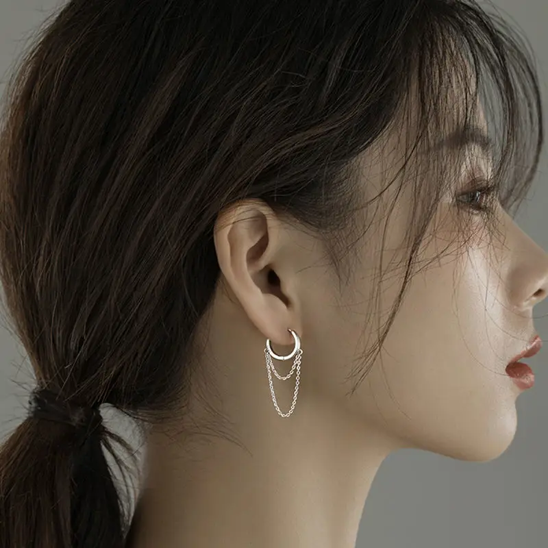 2023 New Silver Color Double Layer Chain Tassel Hoop Earrings For Women Men INS Popular Cold Style Drop Earring Fashion Jewelry